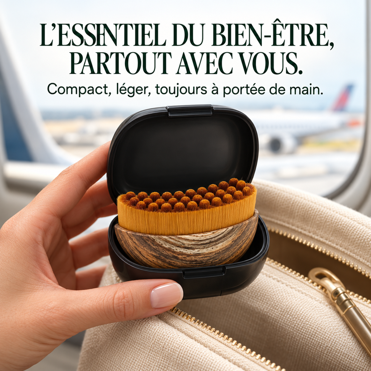 La brosse Velya dans son étui, compacte et facile à glisser dans un sac